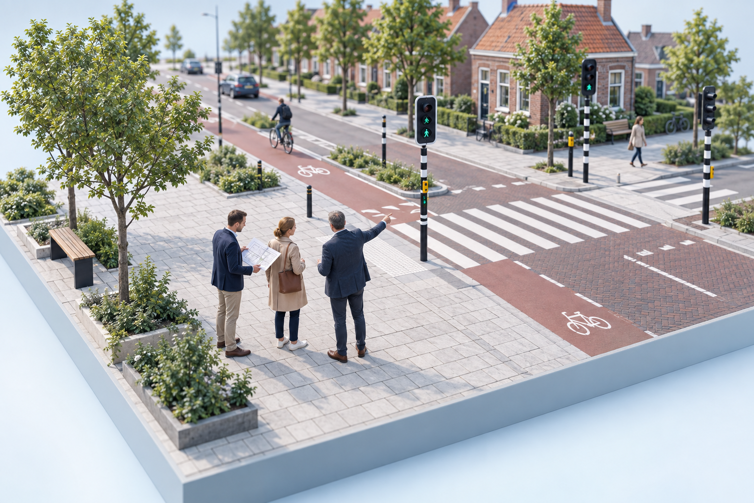 Illustratie van professionals die op locatie een straatplan en de oversteek voor voetgangers bekijken.